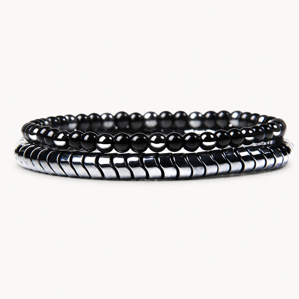 Onyx Armband Set mit Hämatit und glänzenden schwarzen Perlen