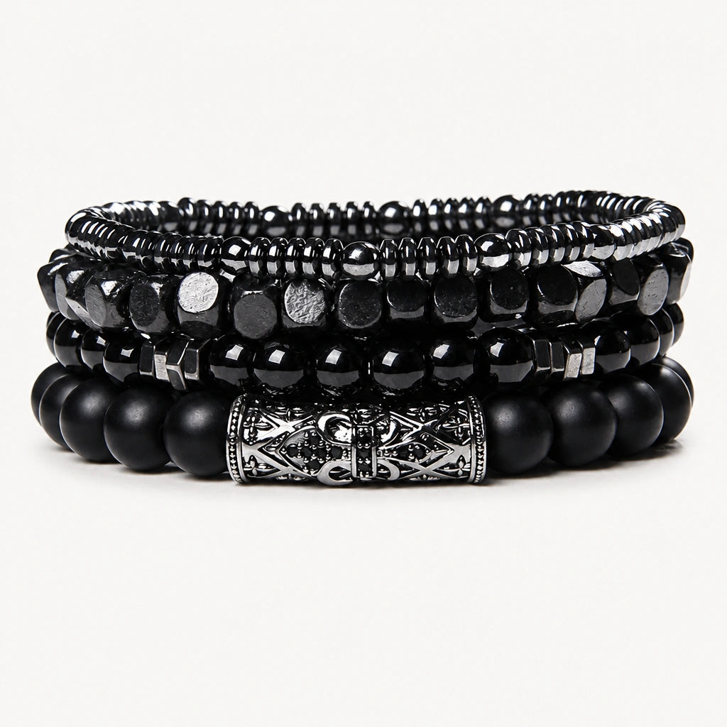 Onyx Armbänder Set mit Hämatit und verzierter Metallperle