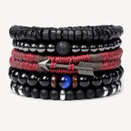 Onyx Armbänder Set mit Lavastein, Hämatit und rotem Textilband