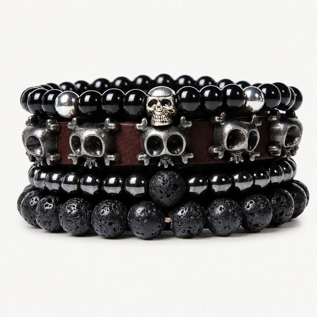 Onyx Armbänder Set mit Lavastein und Totenkopf-Motiven