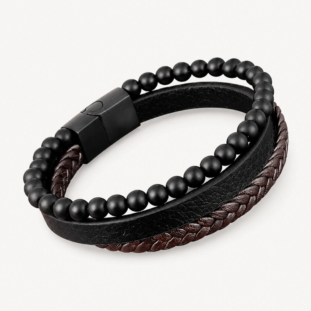 Schwarzes Onyx Armband mit geflochtenem Leder