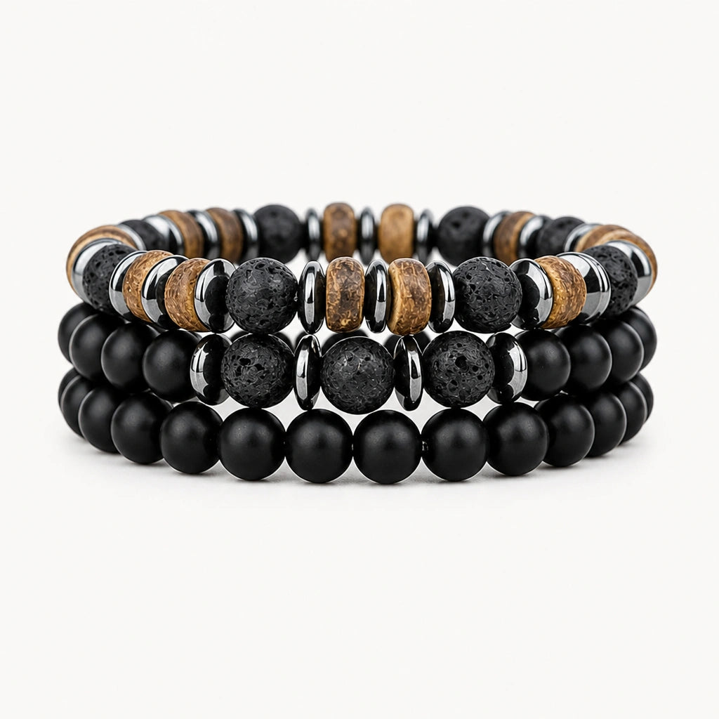 Onyx Armbänder Set mit Lavastein und braunen Holzperlen