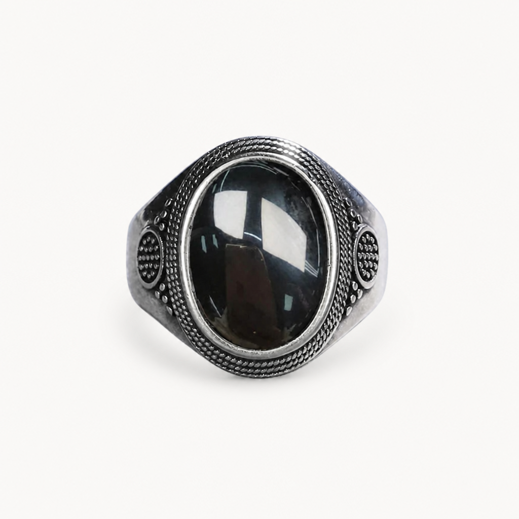 Onyx Siegelring aus 925er Silber mit ovalem Cabochon und Strukturrahmen