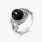 Onyx Ring aus 925er Silber mit floralen Details