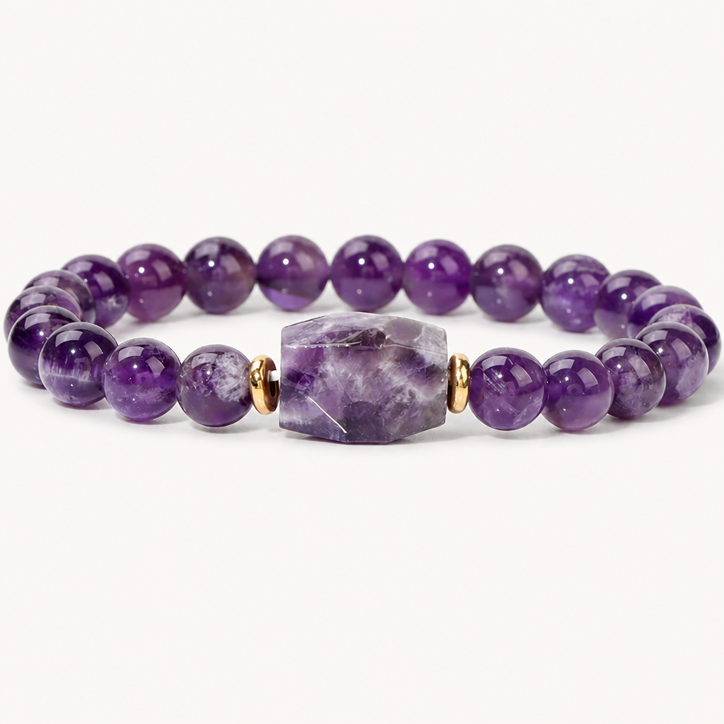 Amethyst Perlenarmband mit rechteckigem Mittelstein