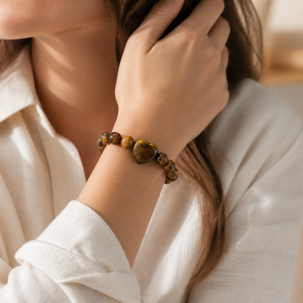 Tigerauge Perlenarmband mit großem Herzstein