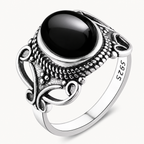 Vintage Onyx Ring aus 925er Silber mit durchbrochenem Ornamentrahmen