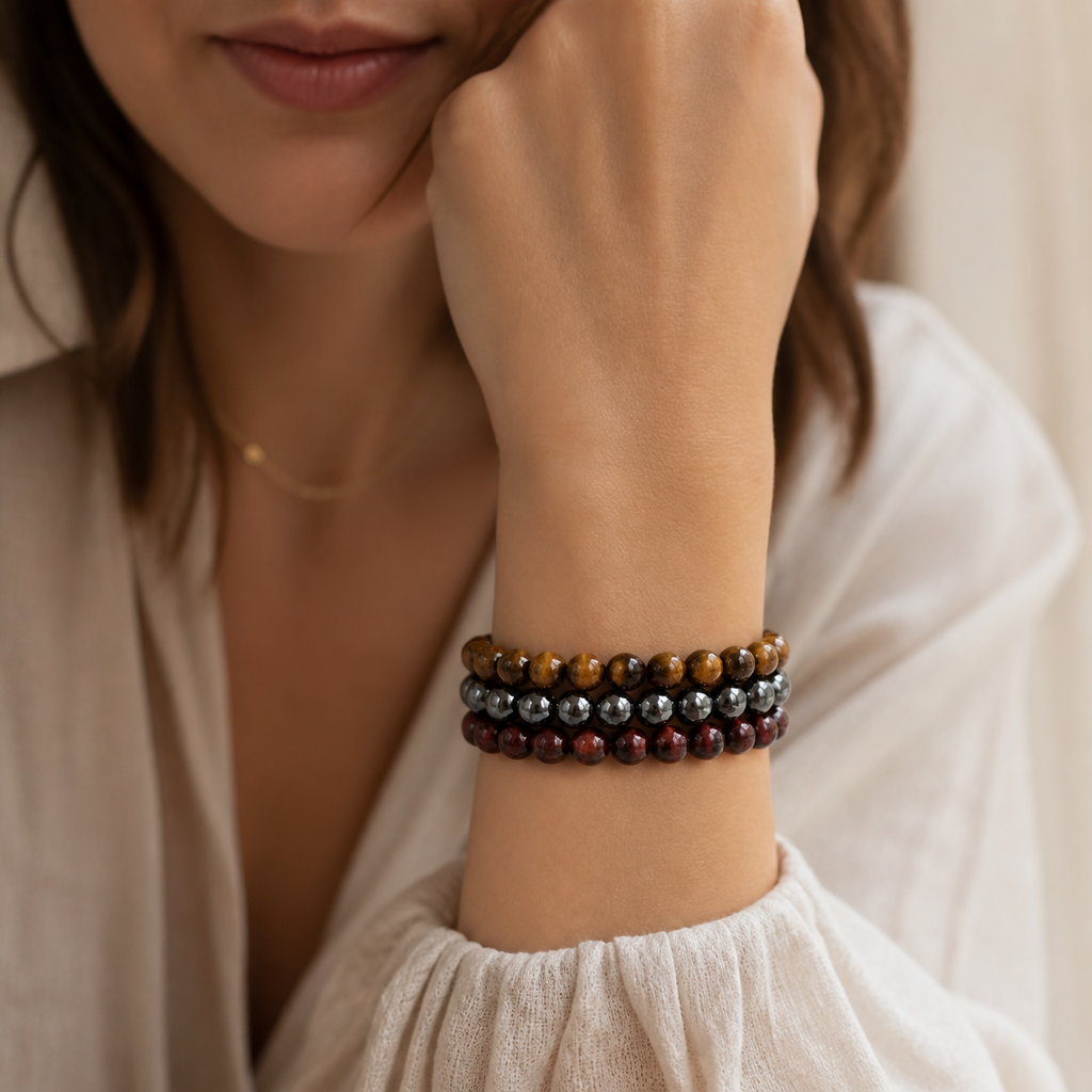 Tigerauge Hämatit Armband Set mit rotem Tigerauge