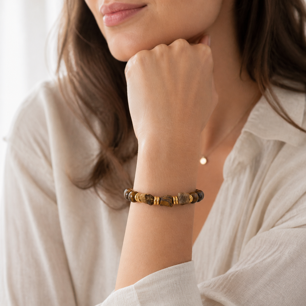 Tigerauge Perlenarmband mit drei Rohsteinen