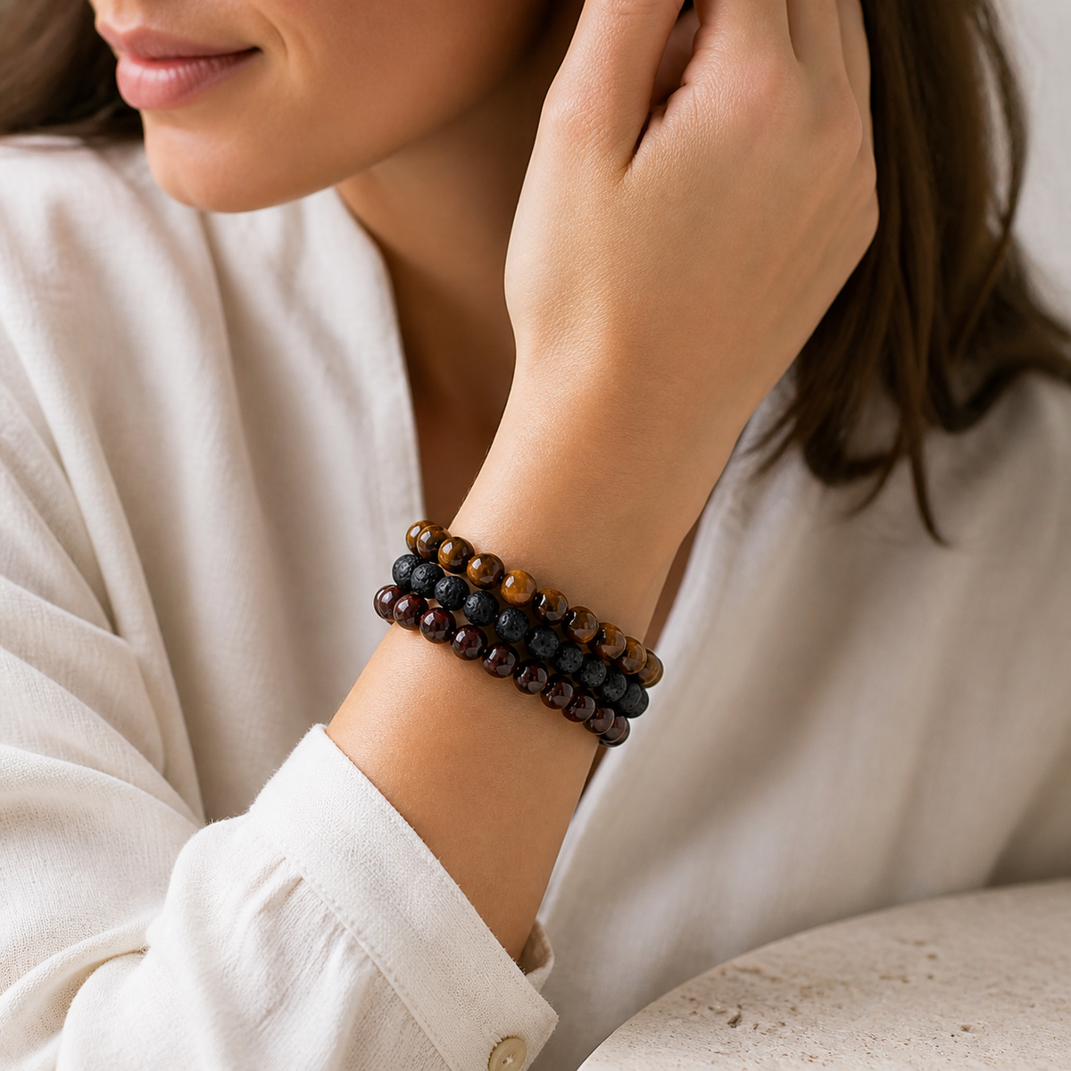 Tigerauge Lavastein Armband Set mit rotem Tigerauge