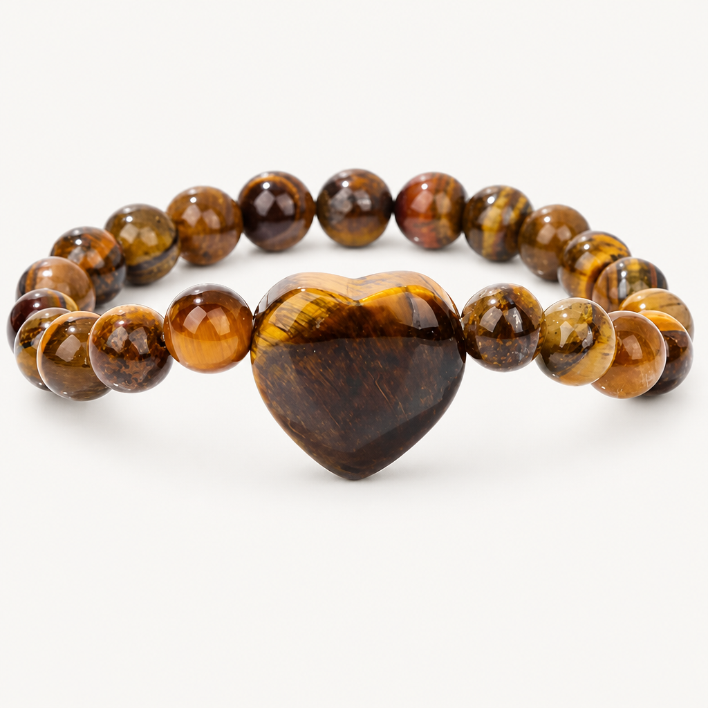 Tigerauge Perlenarmband mit großem Herzstein