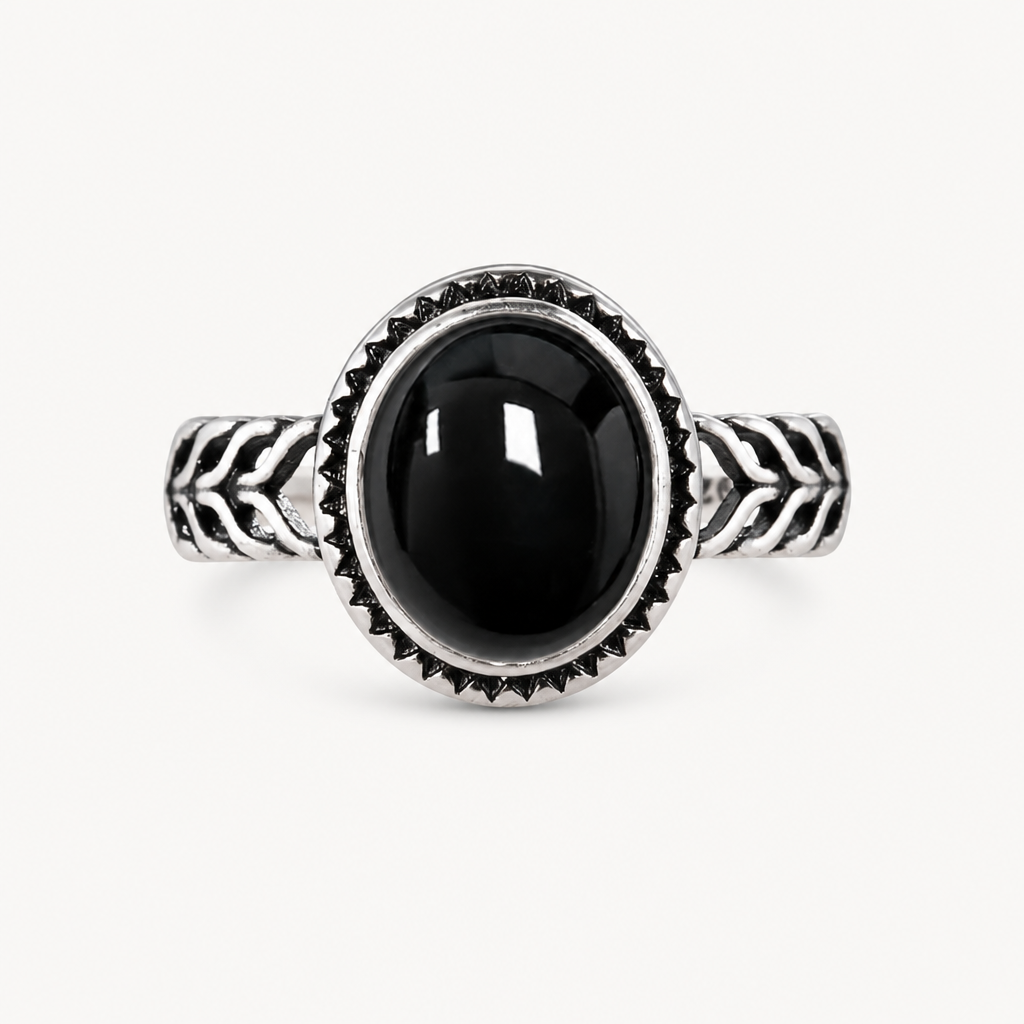 Onyx Ring aus 925er Silber mit ovalem Cabochon und Blattmuster