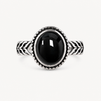 Onyx Ring aus 925er Silber mit ovalem Cabochon und Blattmuster