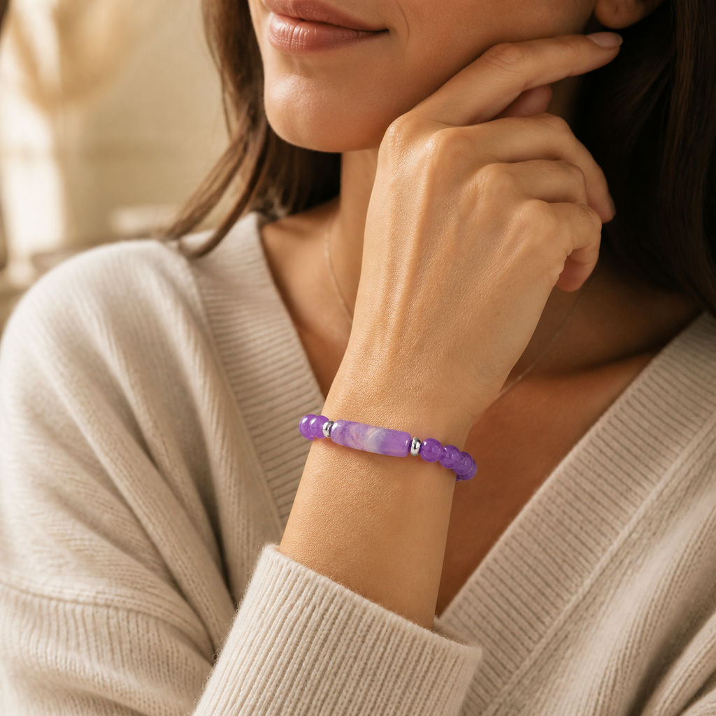 Amethyst Perlenarmband mit länglichem Mittelstein