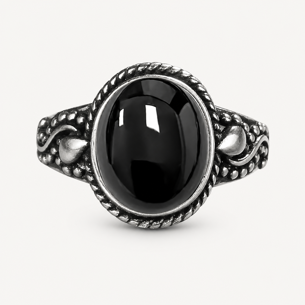 Vintage Onyx Ring aus 925er Silber mit Flechtkranz