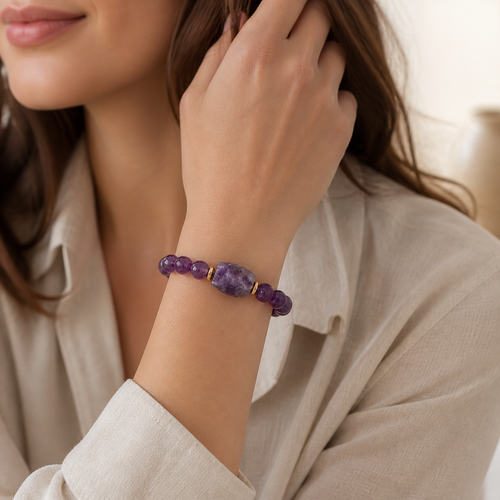 Amethyst Perlenarmband mit rechteckigem Mittelstein