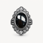 Vintage Onyx Ring aus 925er Silber mit ornamentalem Volutenrahmen