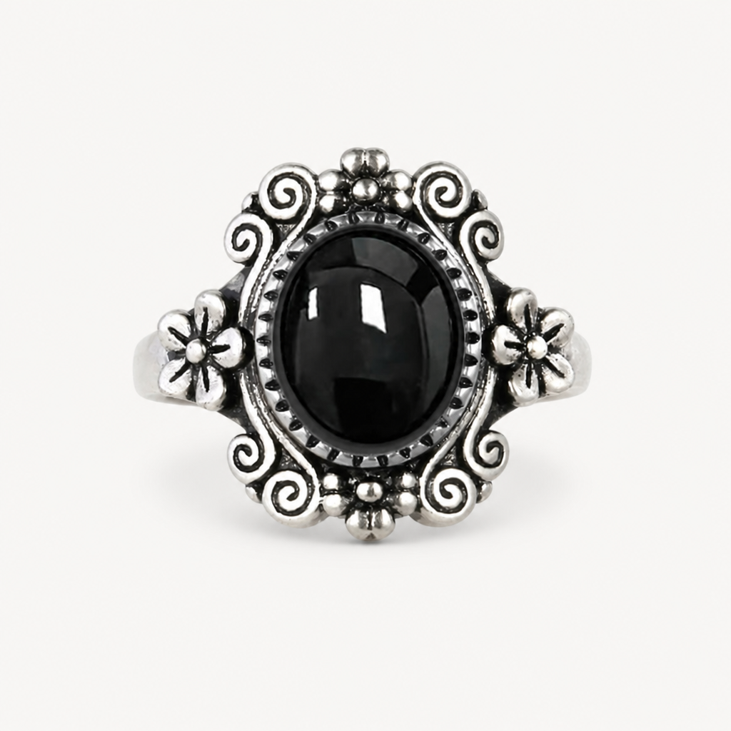 Floraler Onyx Ring aus 925er Silber mit Voluten und Blüten