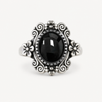 Floraler Onyx Ring aus 925er Silber mit Voluten und Blüten