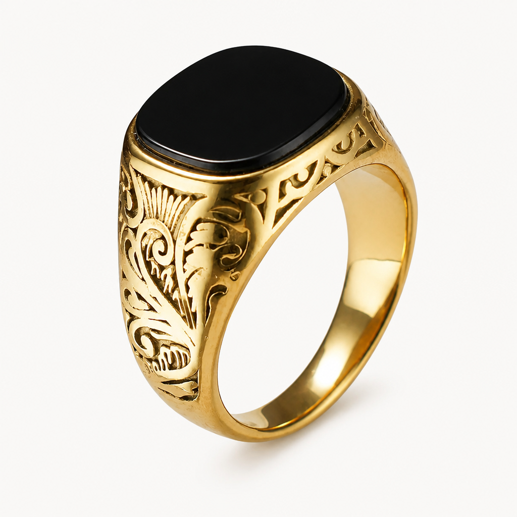 18K vergoldeter Onyx Siegelring mit floralem Ornamentmuster
