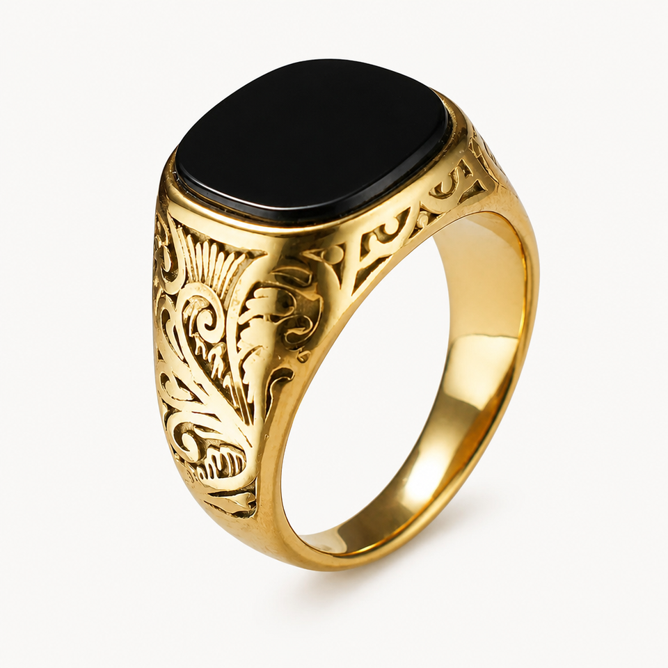 18K vergoldeter Onyx Siegelring mit floralem Ornamentmuster