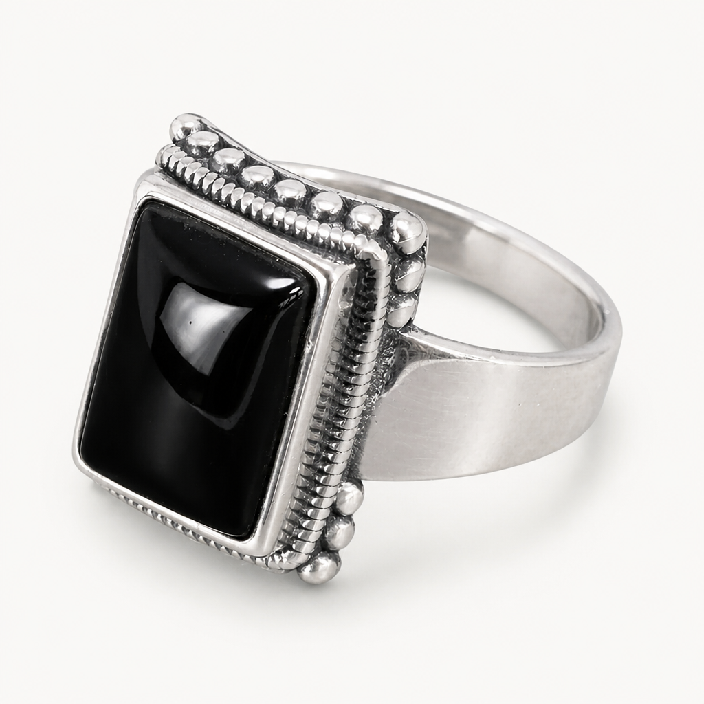 Onyx Siegelring aus massivem 925er Silber mit rechteckigem Cabochon