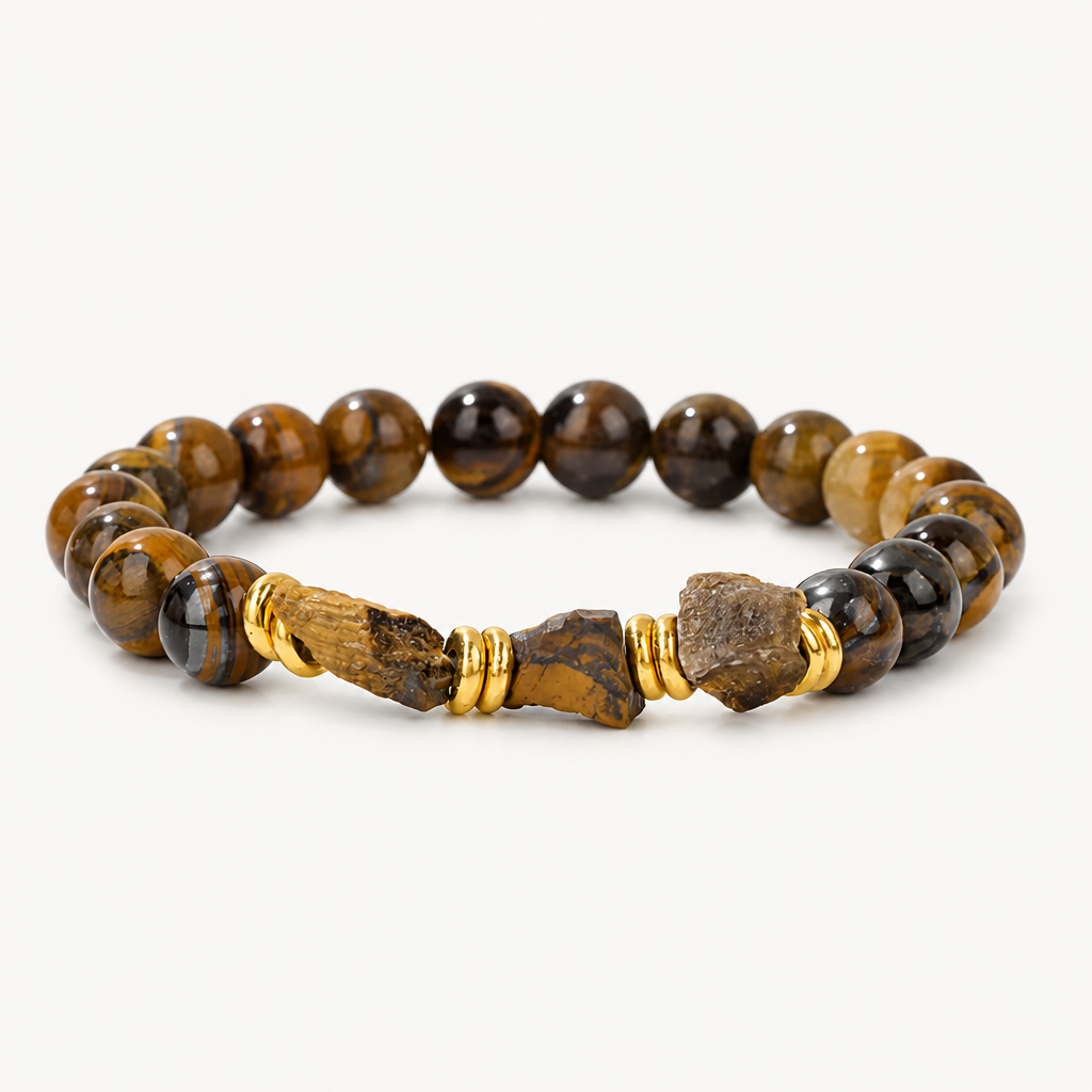 Tigerauge Perlenarmband mit drei Rohsteinen