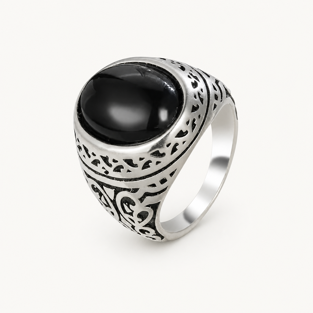 Vintage Onyx Ring aus 925er Silber mit durchbrochenem Muster