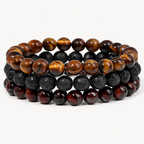 Tigerauge Lavastein Armband Set mit rotem Tigerauge