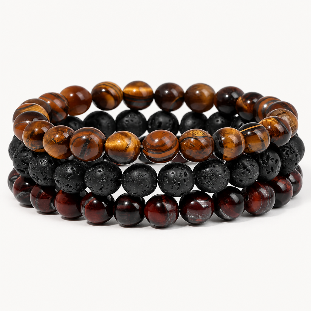 Tigerauge Lavastein Armband Set mit rotem Tigerauge