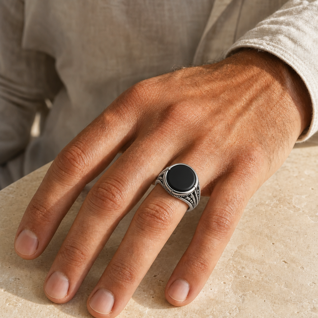 Onyx Ring mit großem ovalem Cabochon und verzierten Schultern