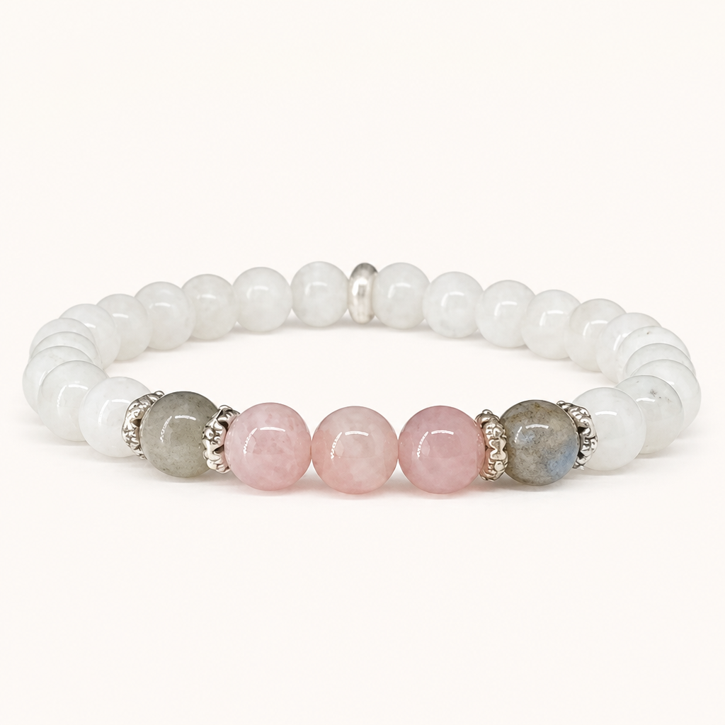 Mondstein Perlenarmband mit Rosenquarz und Labradorit