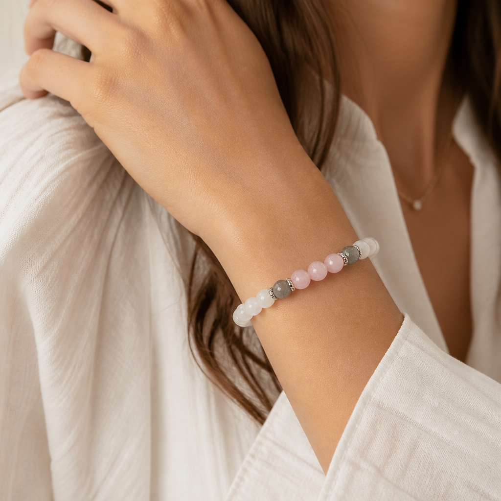 Mondstein Perlenarmband mit Rosenquarz und Labradorit