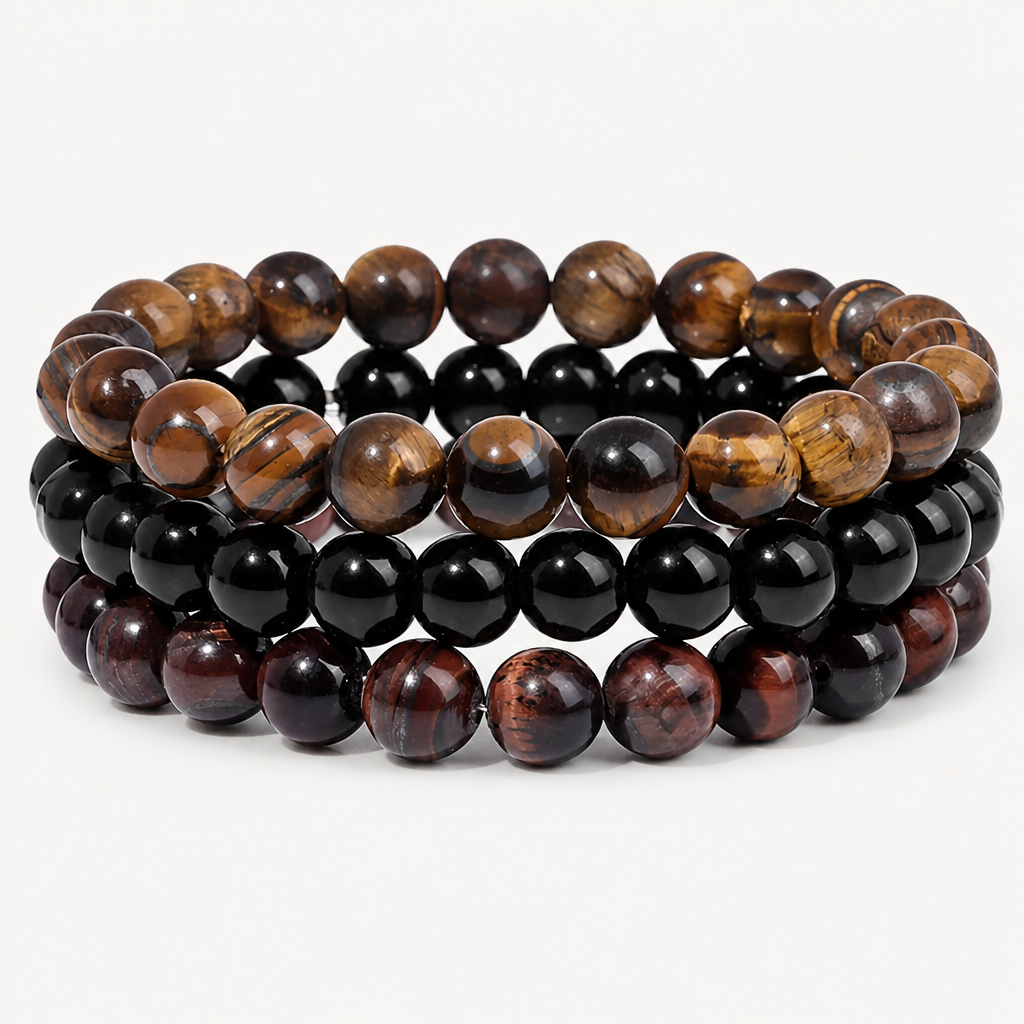 Tigerauge Onyx Armband Set mit rotem Tigerauge