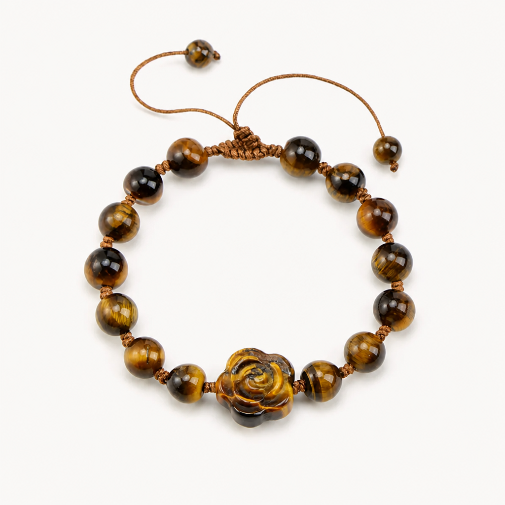 Verstellbares Tigerauge Armband mit Rosenblüte
