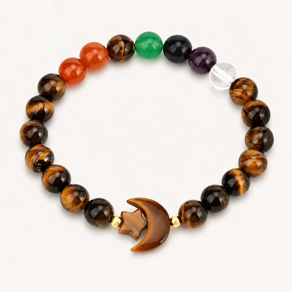 Tigerauge Armband mit Mondmotiv und bunten Steinen
