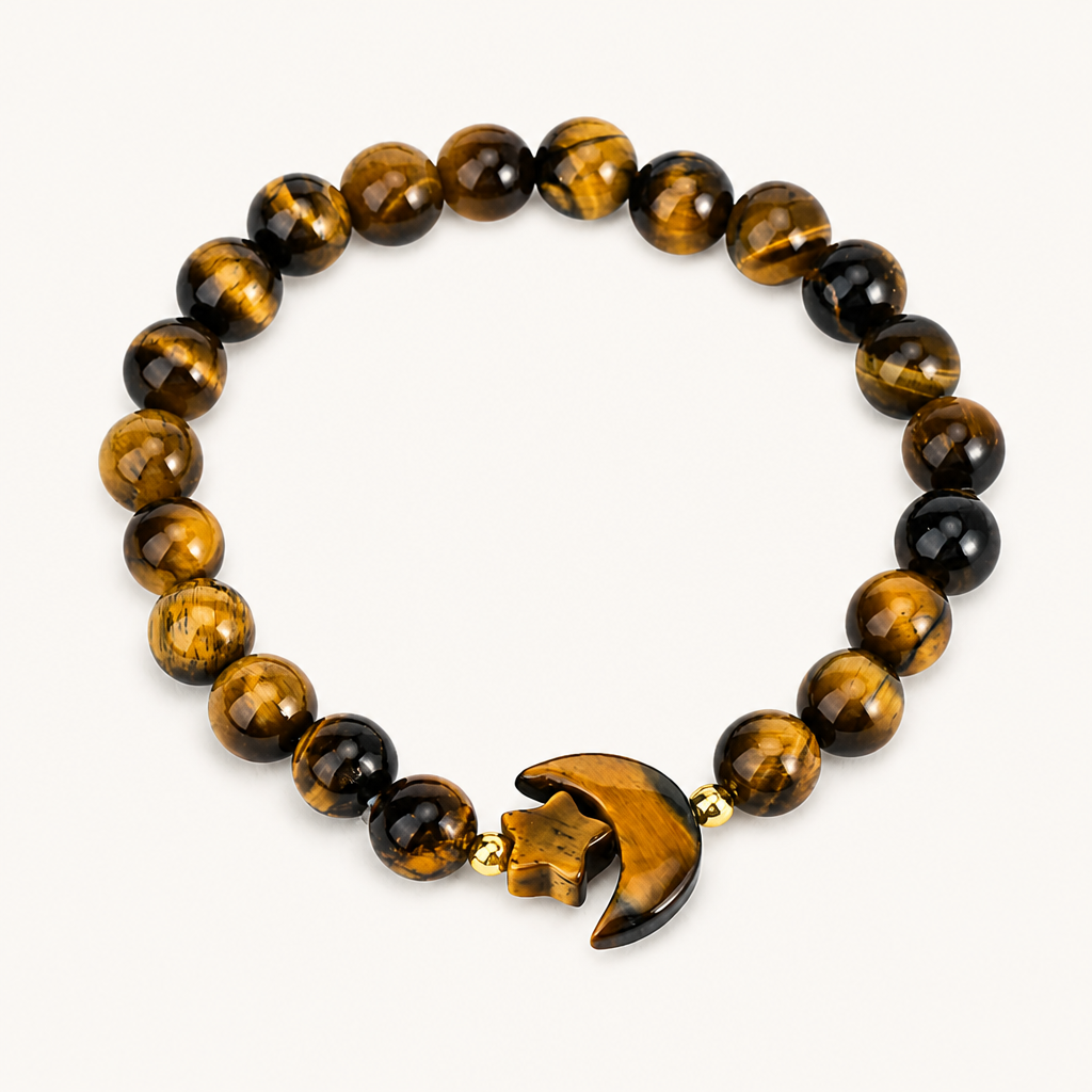 Tigerauge Armband mit Mond- und Sternmotiv