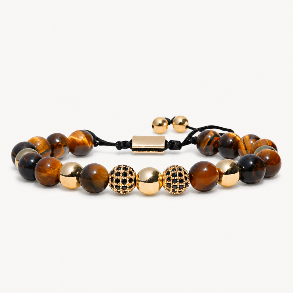 Tigerauge Armband mit goldfarbenen Zirkonia-Perlen
