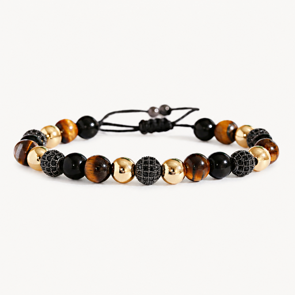 Tigerauge Armband mit schwarzen Pavé-Perlen