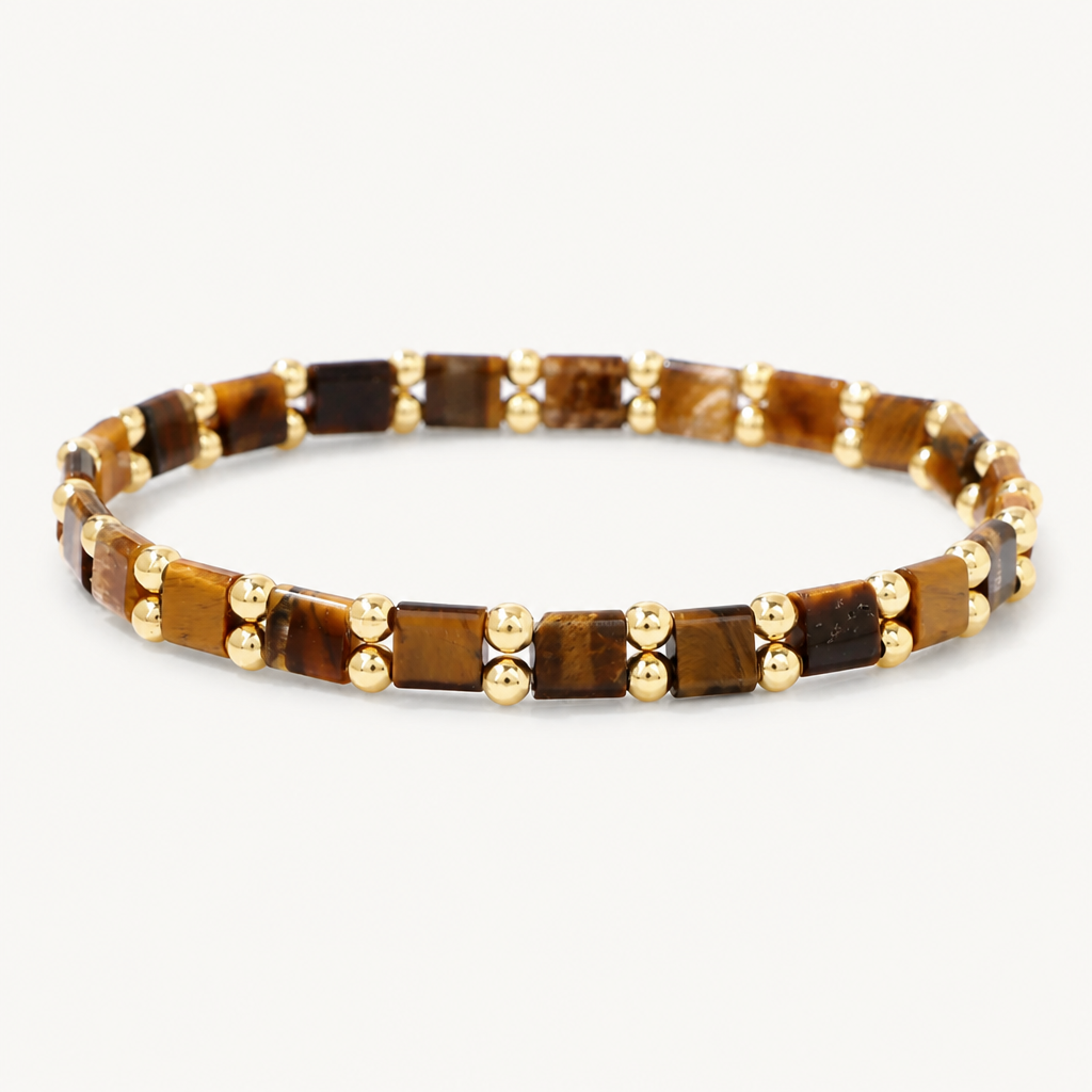 Tigerauge Armband mit eckigen Perlen und Goldakzenten