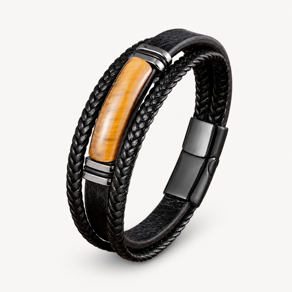 Tigerauge Herren Lederarmband mit großem Mittelstein